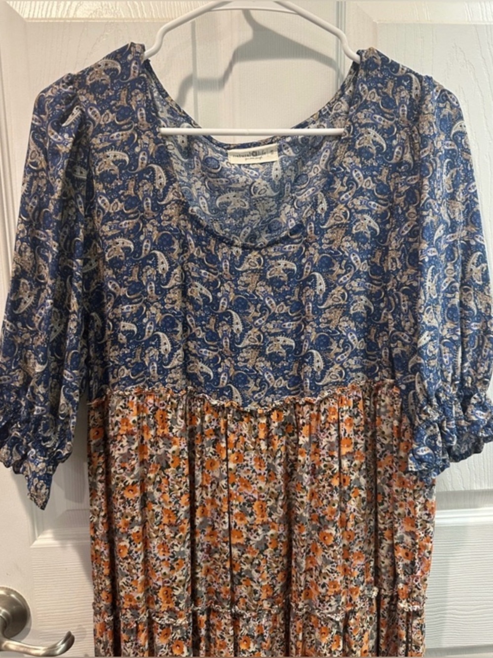 Natural Life Boho Maxi Dress Blue Paisley Orange Floral Tiered Cottagecore